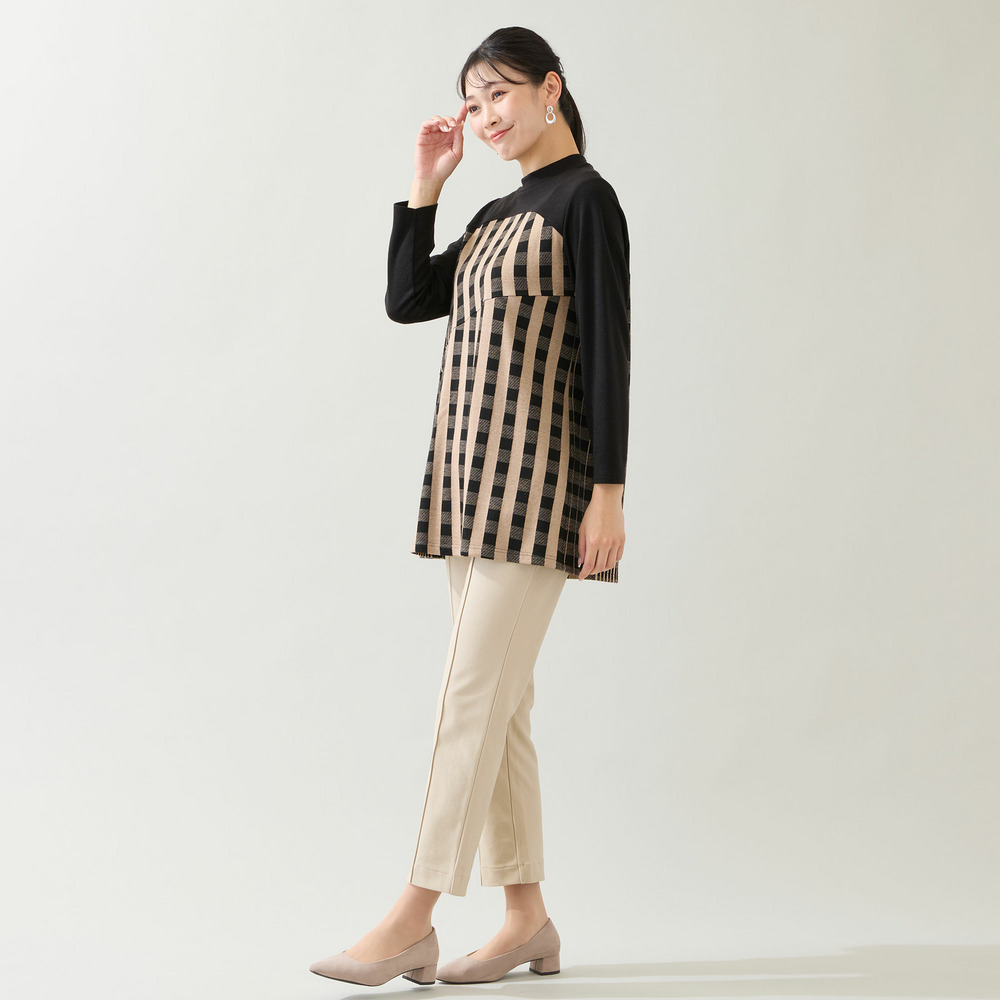 【洗える・日本製・3L/4Lサイズあり】裾フレア チェック柄カットソー11