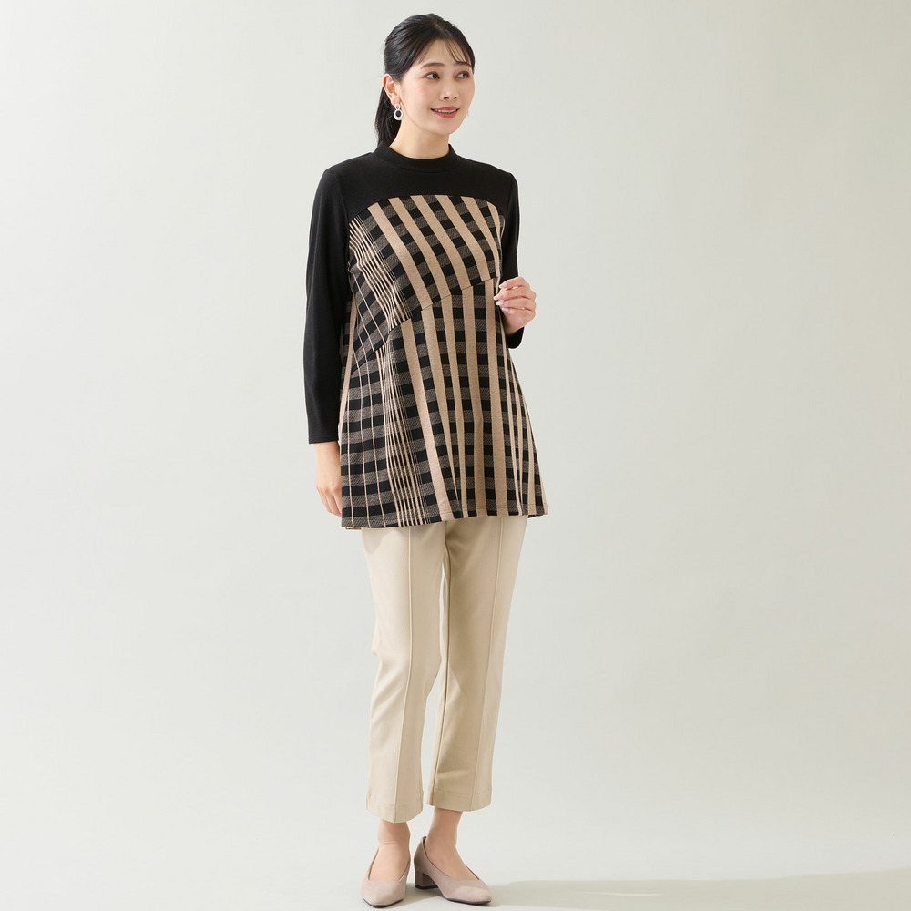 【洗える・日本製・3L/4Lサイズあり】裾フレア チェック柄カットソー12