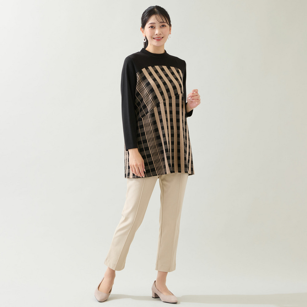 【洗える・日本製・3L/4Lサイズあり】裾フレア チェック柄カットソー13