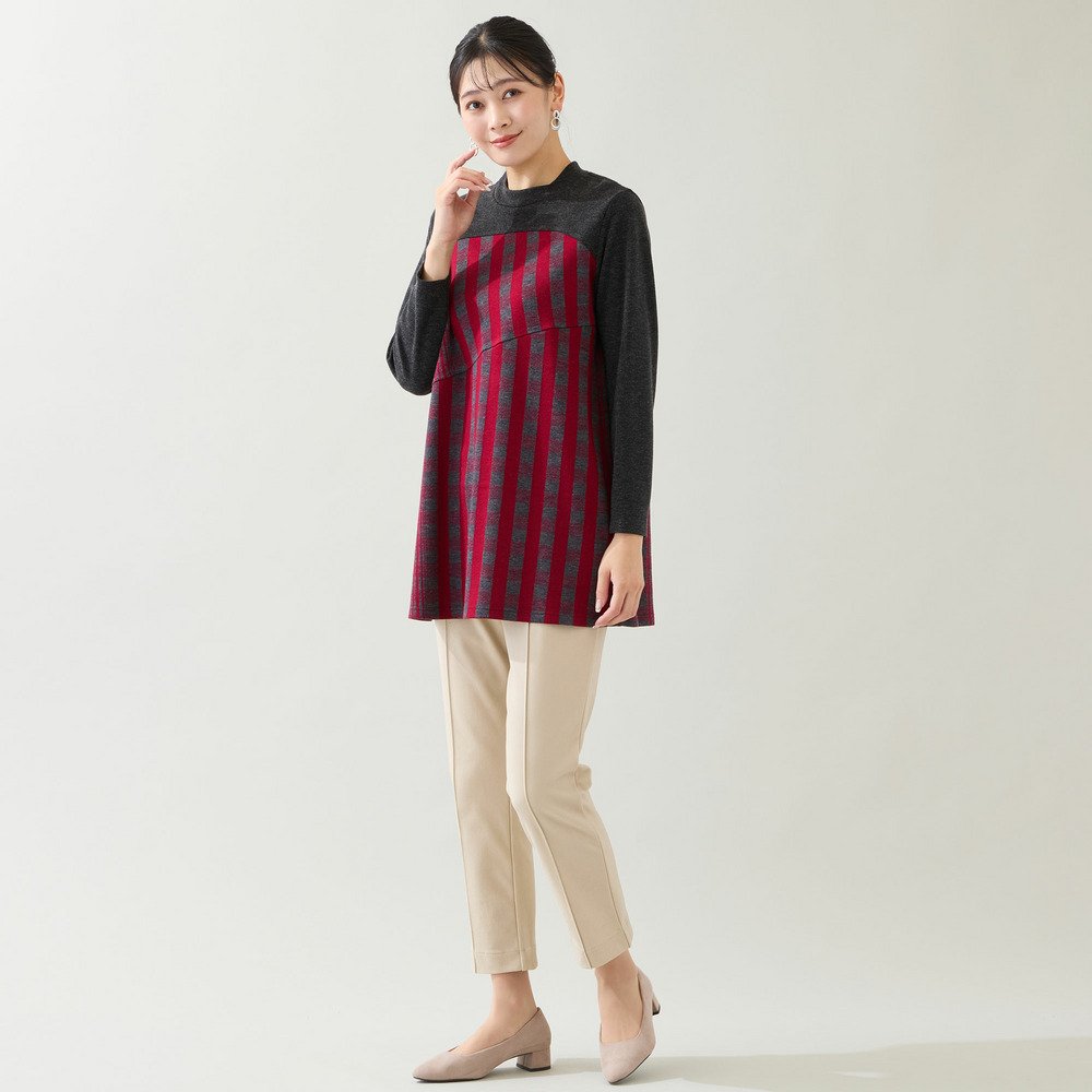 【洗える・日本製・3L/4Lサイズあり】裾フレア チェック柄カットソー4