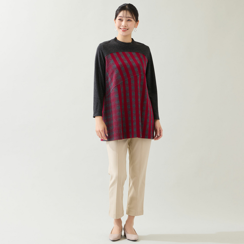 【洗える・日本製・3L/4Lサイズあり】裾フレア チェック柄カットソー5