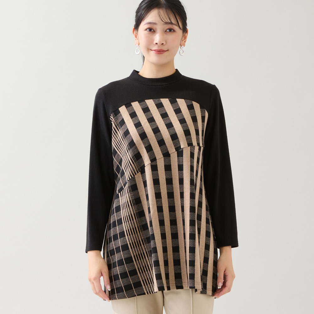 【洗える・日本製・3L/4Lサイズあり】裾フレア チェック柄カットソー8