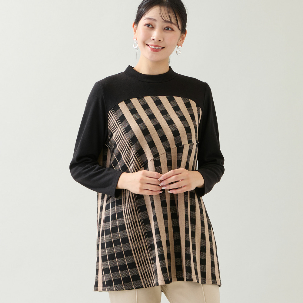 【洗える・日本製・3L/4Lサイズあり】裾フレア チェック柄カットソー1