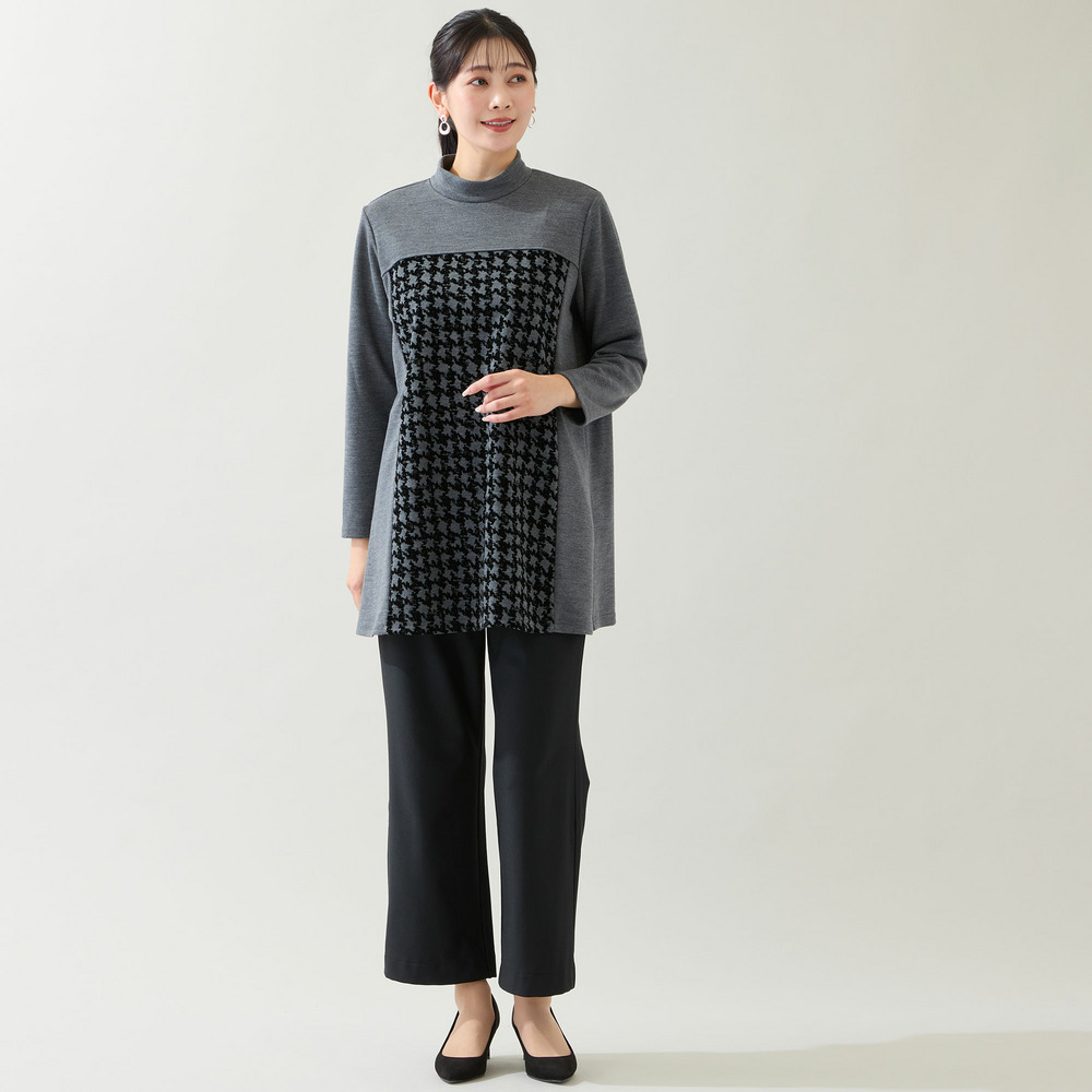 【洗える・日本製・3L/4Lサイズあり】千鳥柄フロッキーチュニック3