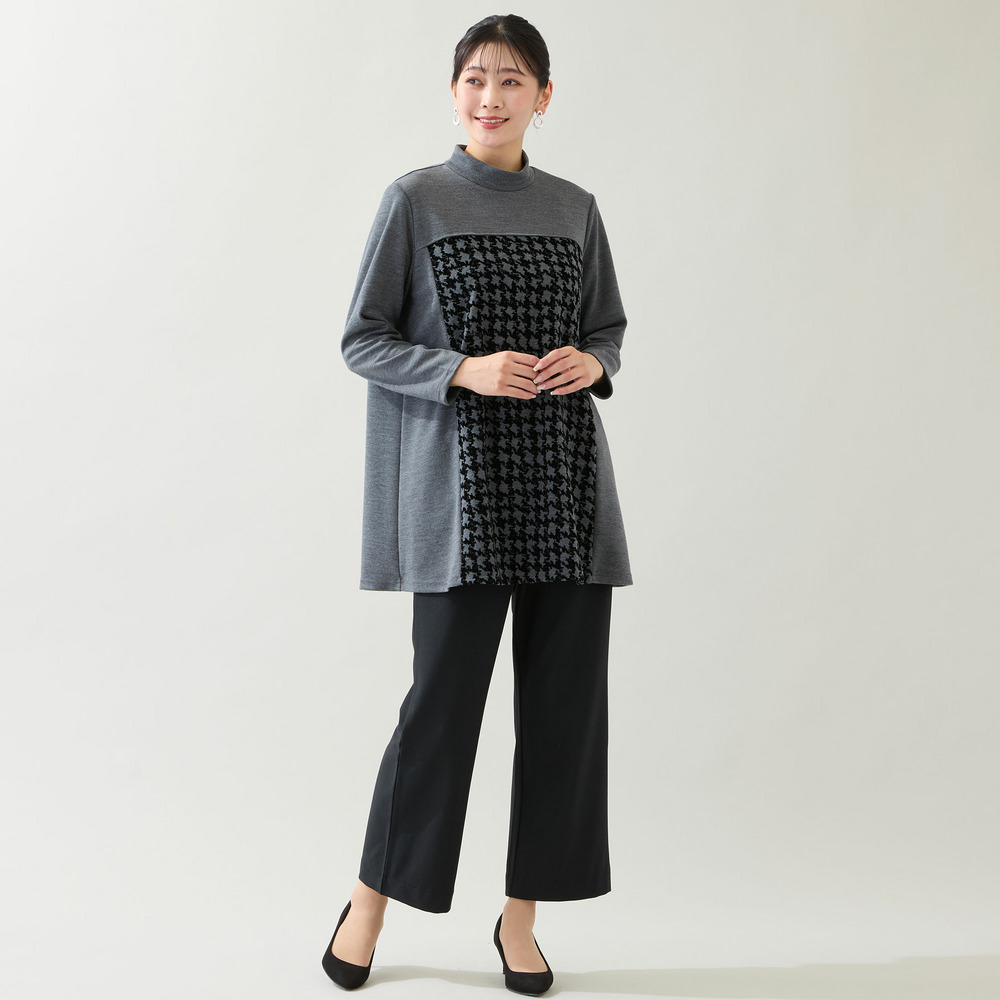 【洗える・日本製・3L/4Lサイズあり】千鳥柄フロッキーチュニック4