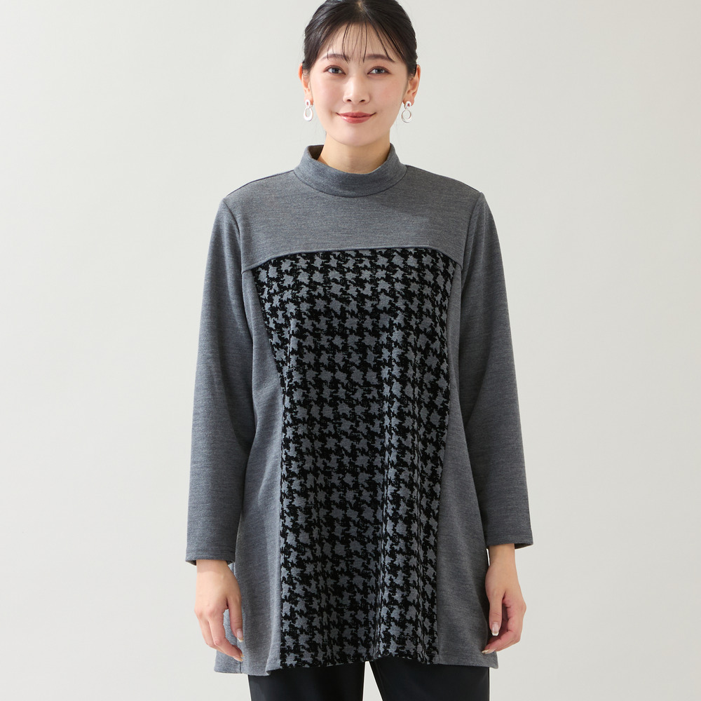 【洗える・日本製・3L/4Lサイズあり】千鳥柄フロッキーチュニック1