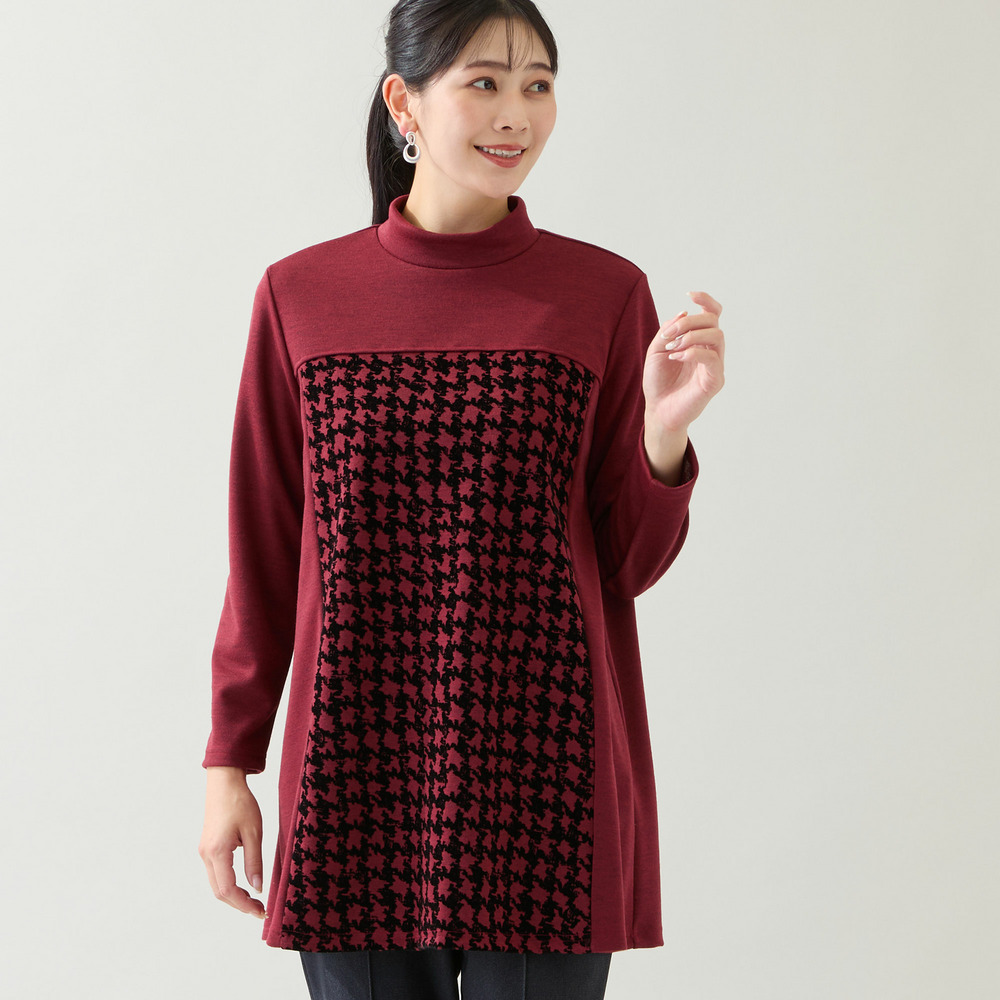 【洗える・日本製・3L/4Lサイズあり】千鳥柄フロッキーチュニック1