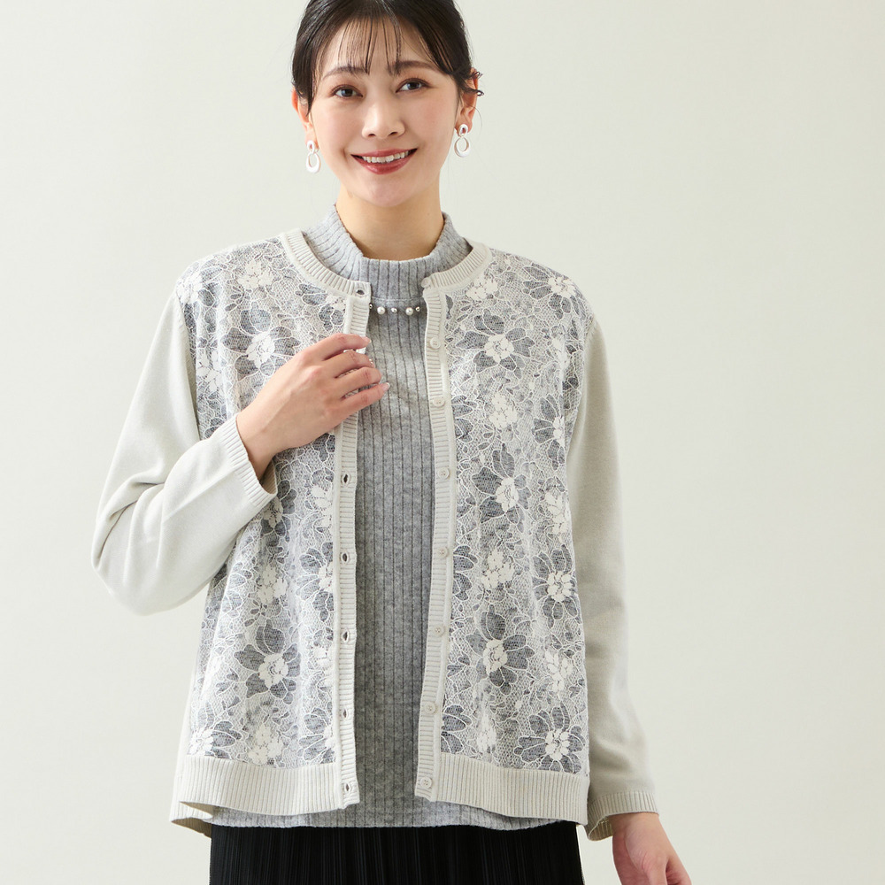 【アンサンブル可・3L/4Lサイズあり】フロントレースカーディガン