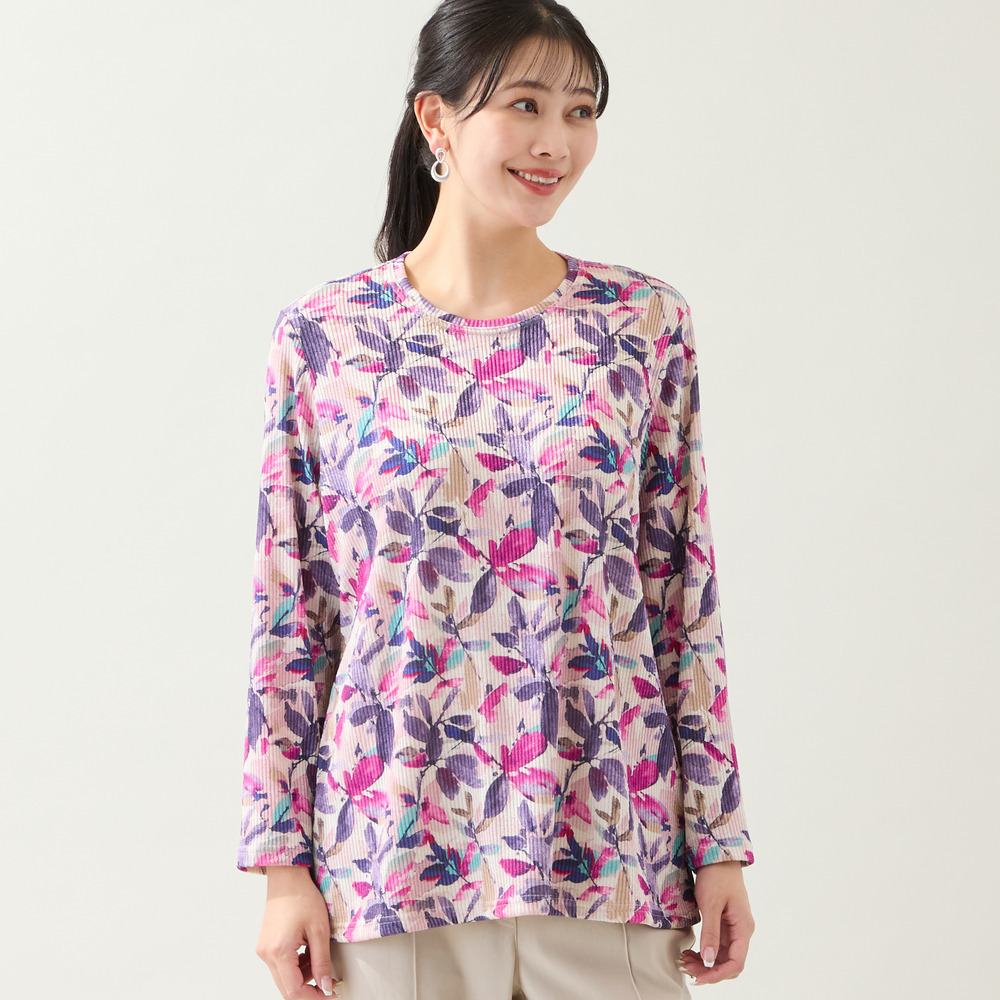 【洗える・日本製・L~3Lサイズ】テレコニットリーフ柄カットソー1