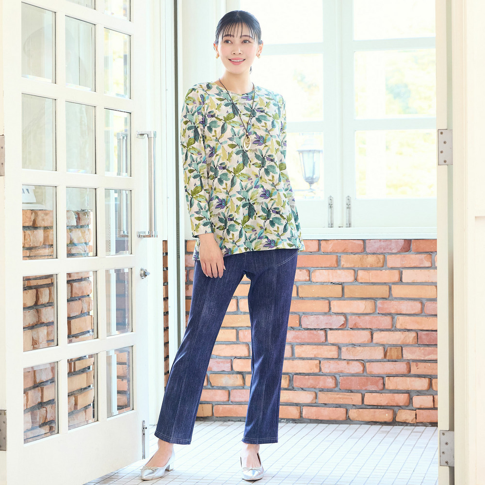 【洗える・日本製・L~3Lサイズ】テレコニットリーフ柄カットソー13