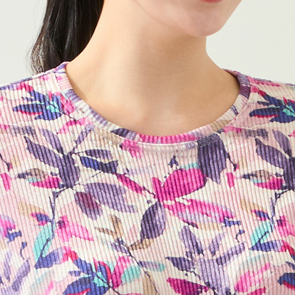 【洗える・日本製・L~3Lサイズ】テレコニットリーフ柄カットソー2