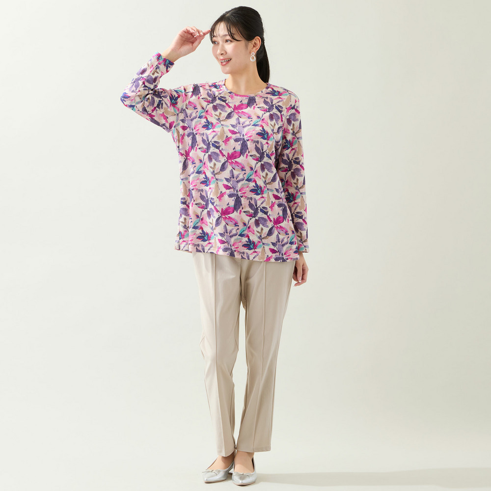 【洗える・日本製・L~3Lサイズ】テレコニットリーフ柄カットソー4