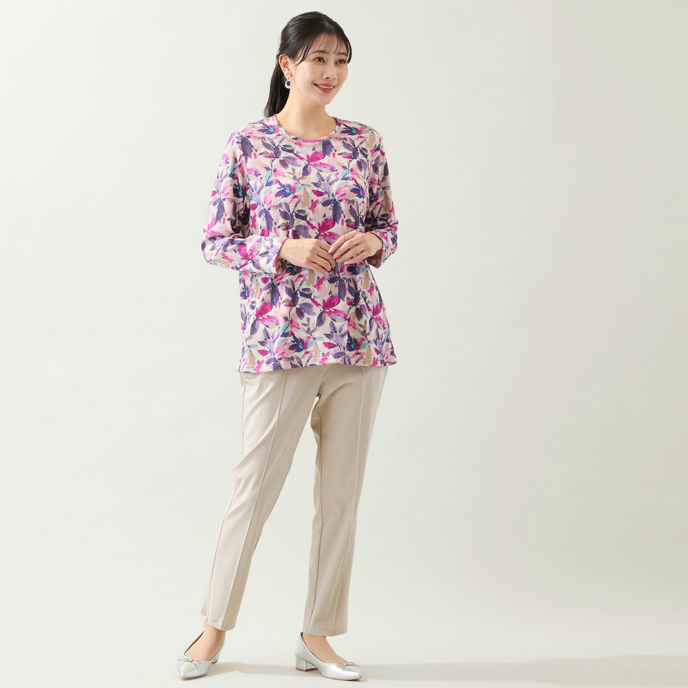 【洗える・日本製・L~3Lサイズ】テレコニットリーフ柄カットソー5