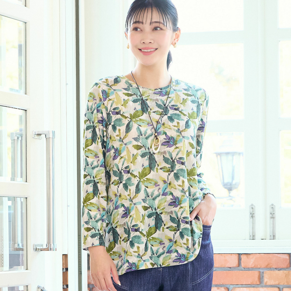 【洗える・日本製・L~3Lサイズ】テレコニットリーフ柄カットソー1