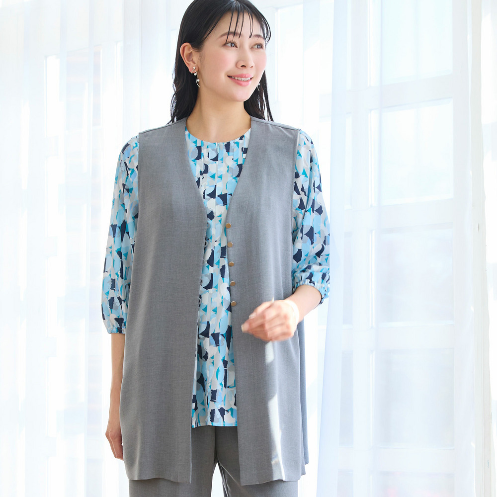 【洗える・セットアップ可・L～4Lサイズ】メタルボタンロングジレ