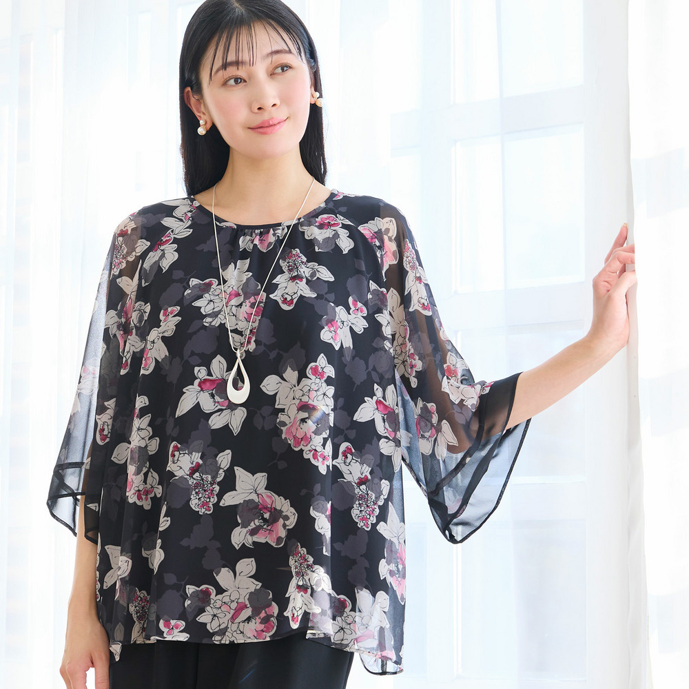 【洗える・セットアップ可・3Lサイズあり】シフォンフラワーブラウス