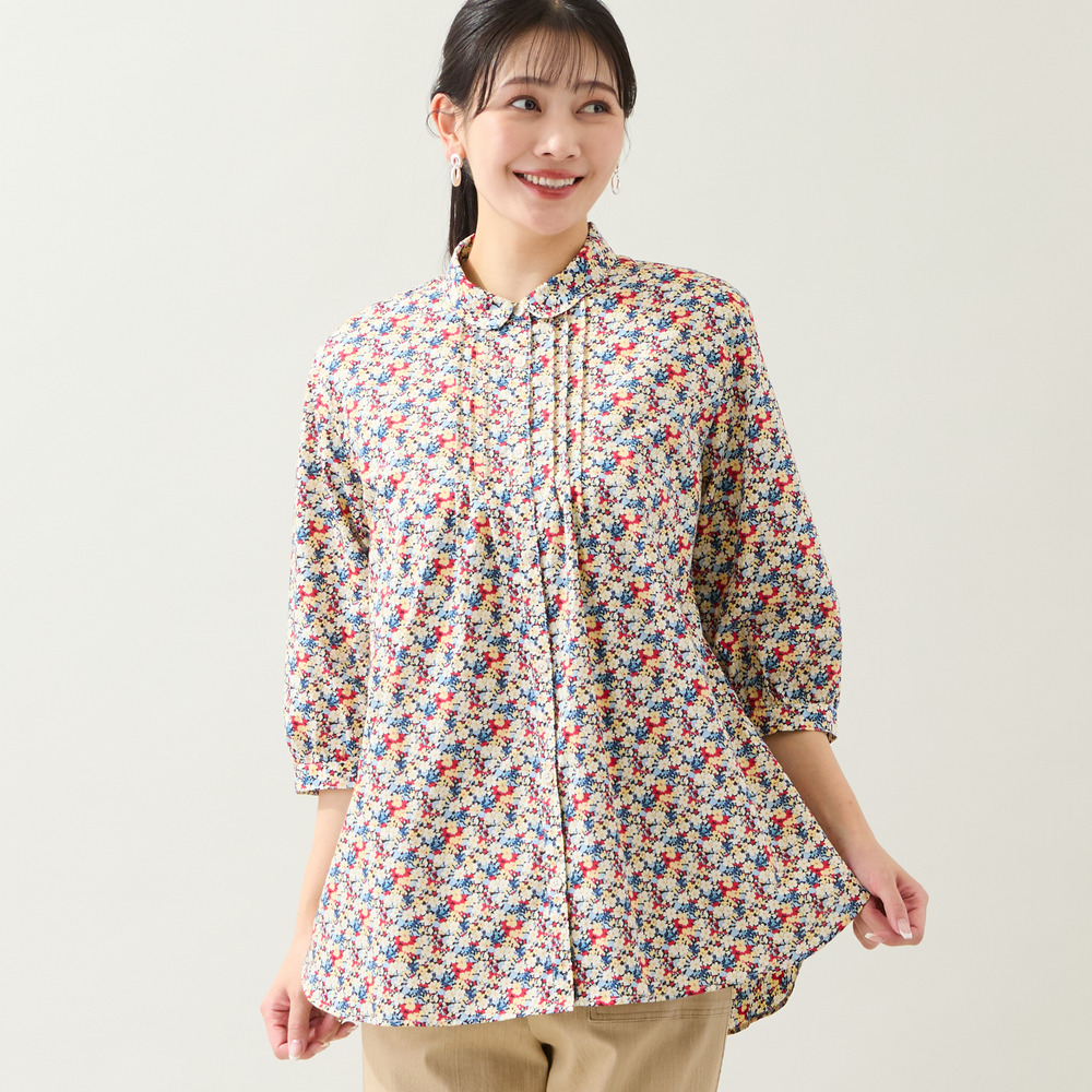 【リバティプリント・洗える・L～4Lサイズ】小花柄コットンシャツ