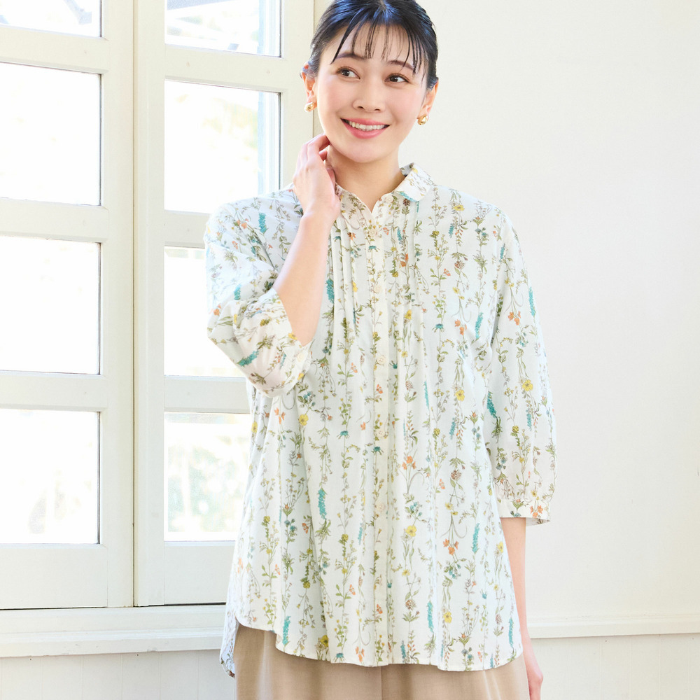 【洗える・綿100%・L～4Lサイズ】ボタニカル柄コットンシャツ