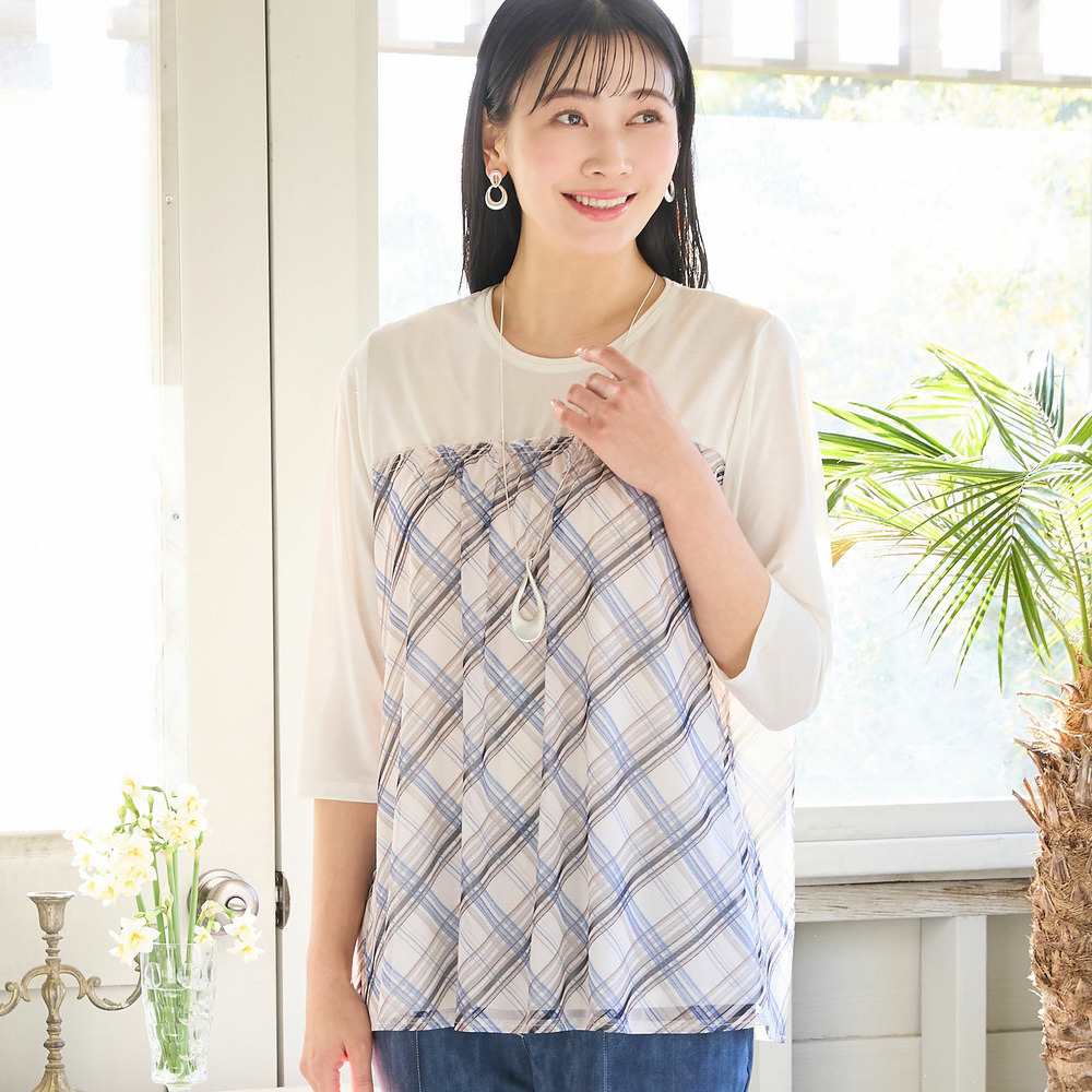 【洗える・L～4Lサイズ】チュールレイヤードトップス