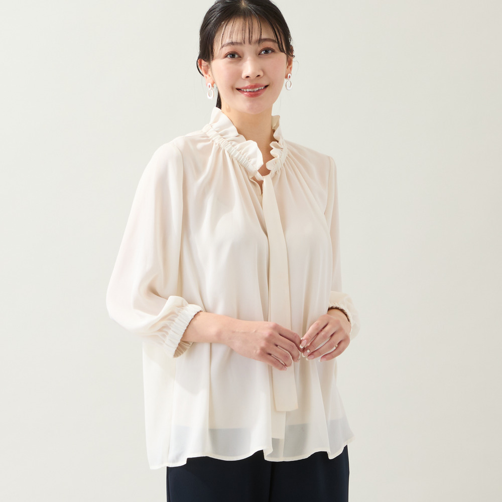 【洗える・オケージョン対応・3Lサイズあり】ボウタイギャザーブラウス