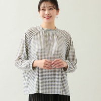 【洗える・L～4Lサイズ】幾何柄ギャザーブラウス