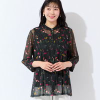 【洗える・アンサンブル可・L～4Lサイズ】ボタニカル柄チュールシャツ