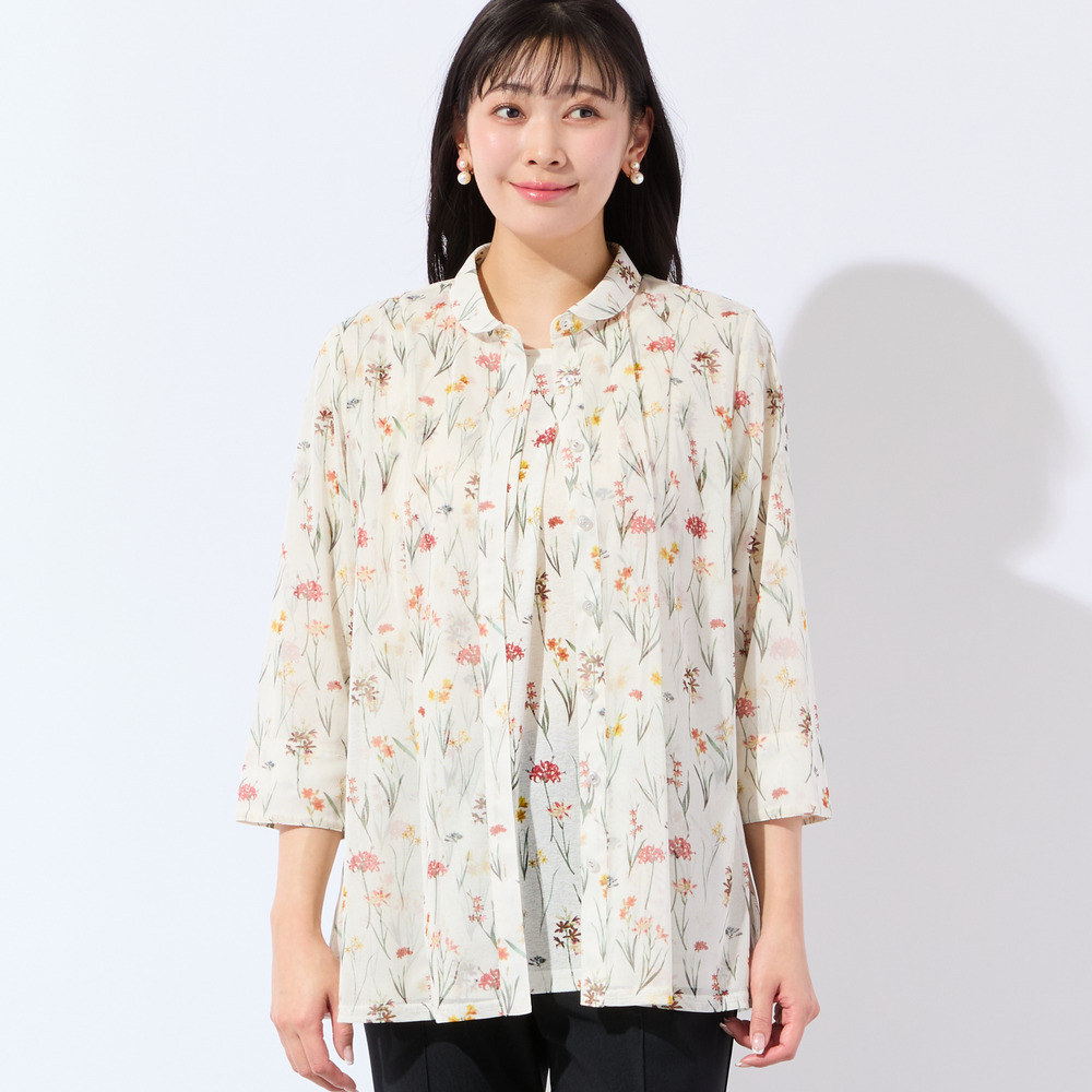 【洗える・アンサンブル可・L~4Lサイズ】ボタニカル柄チュールシャツ1