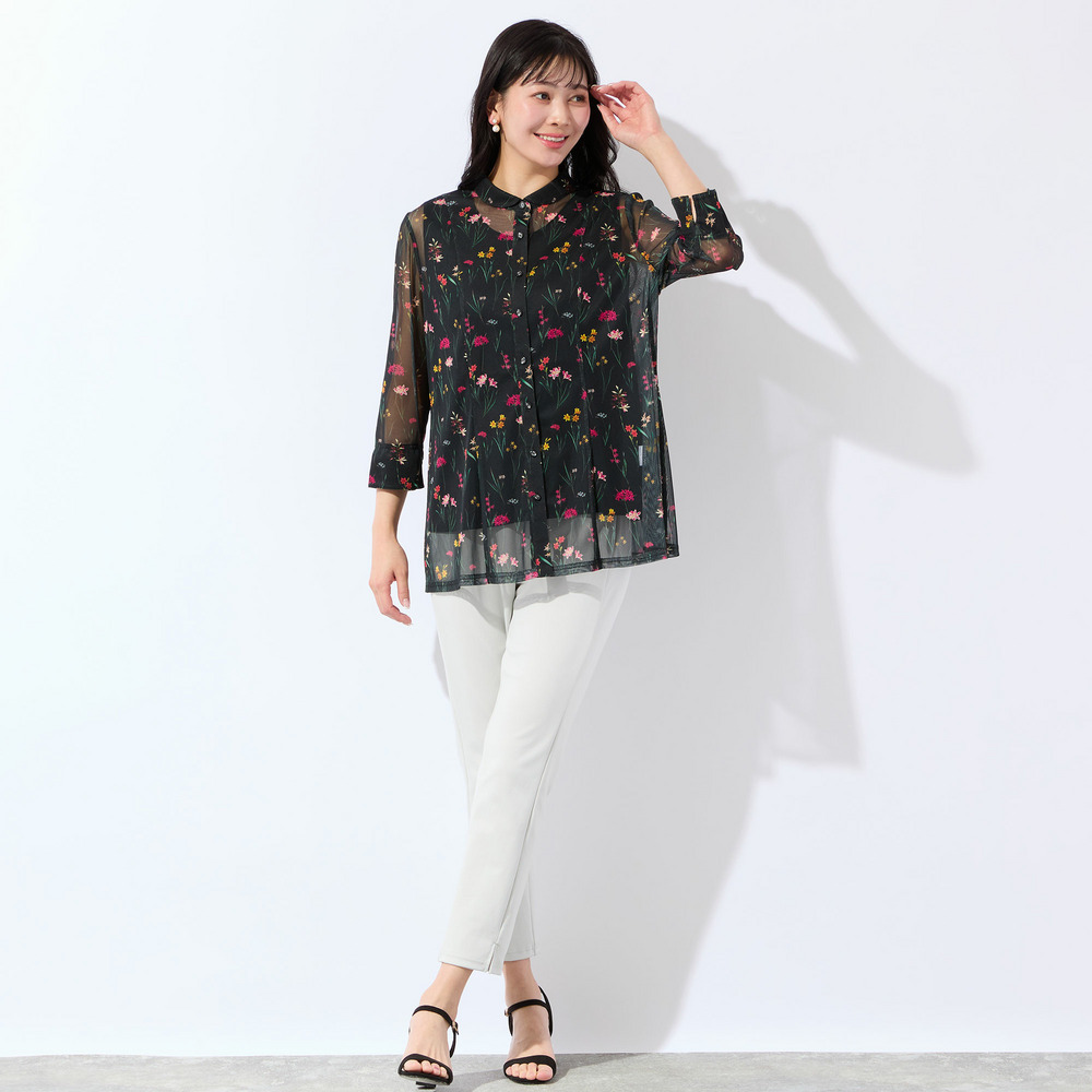 【洗える・アンサンブル可・L~4Lサイズ】ボタニカル柄チュールシャツ10
