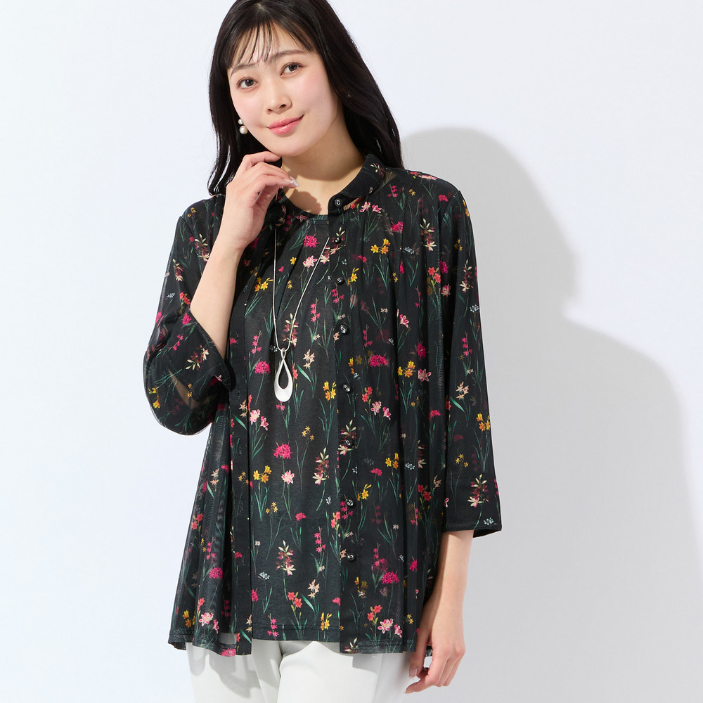 【洗える・アンサンブル可・L~4Lサイズ】ボタニカル柄チュールシャツ12