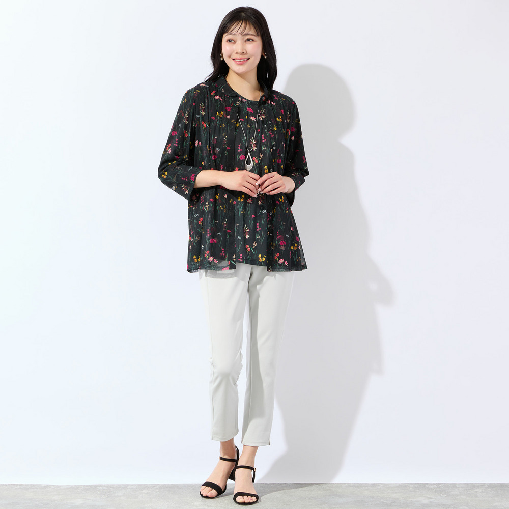 【洗える・アンサンブル可・L~4Lサイズ】ボタニカル柄チュールシャツ13