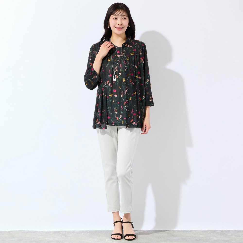 【洗える・アンサンブル可・L~4Lサイズ】ボタニカル柄チュールシャツ14