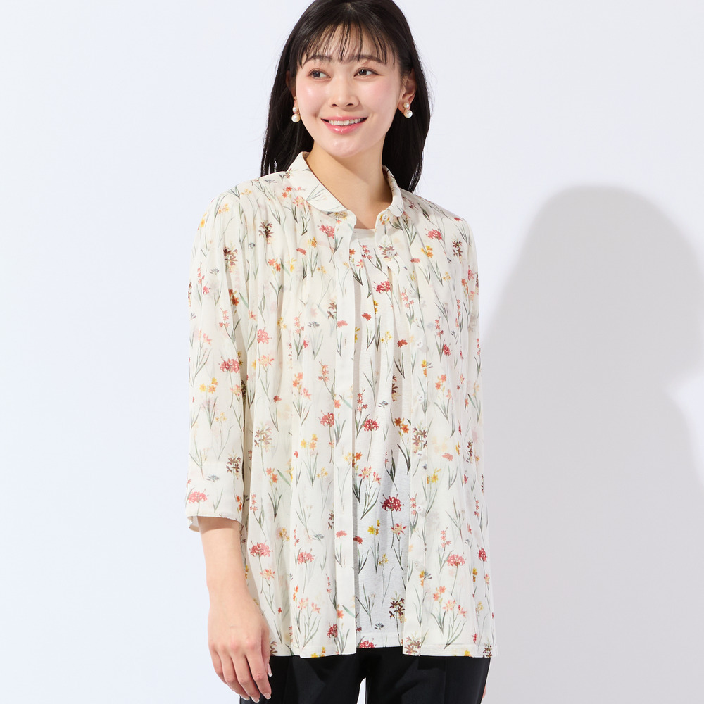 【洗える・アンサンブル可・L~4Lサイズ】ボタニカル柄チュールシャツ2