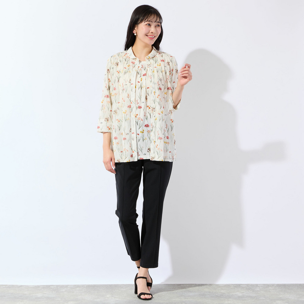 【洗える・アンサンブル可・L~4Lサイズ】ボタニカル柄チュールシャツ4