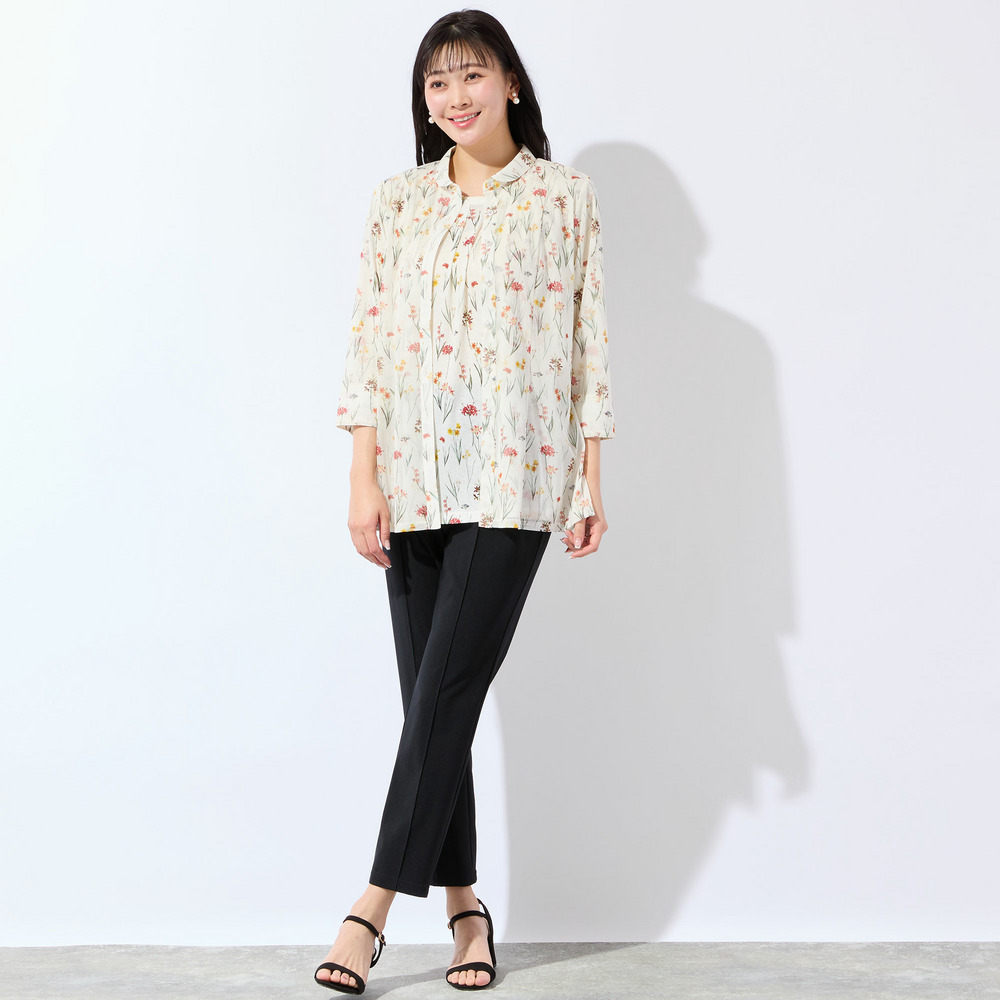 【洗える・アンサンブル可・L~4Lサイズ】ボタニカル柄チュールシャツ5