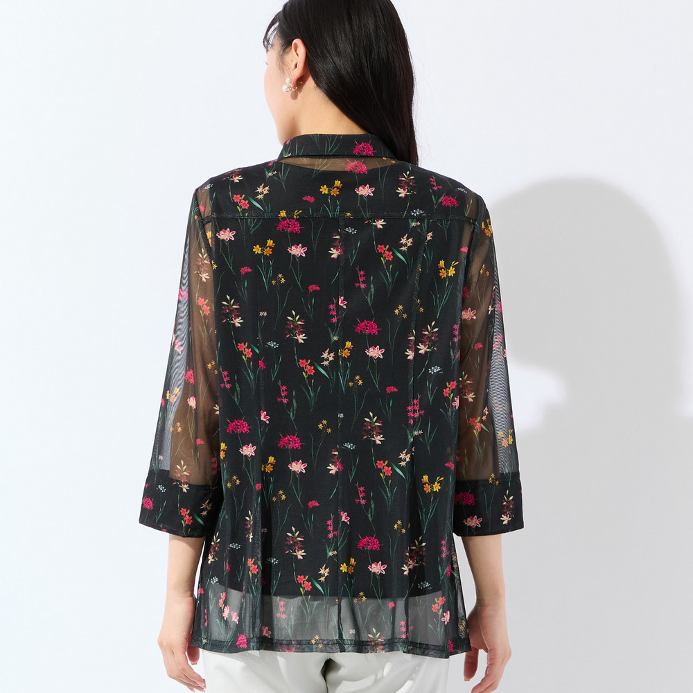 【洗える・アンサンブル可・L~4Lサイズ】ボタニカル柄チュールシャツ6
