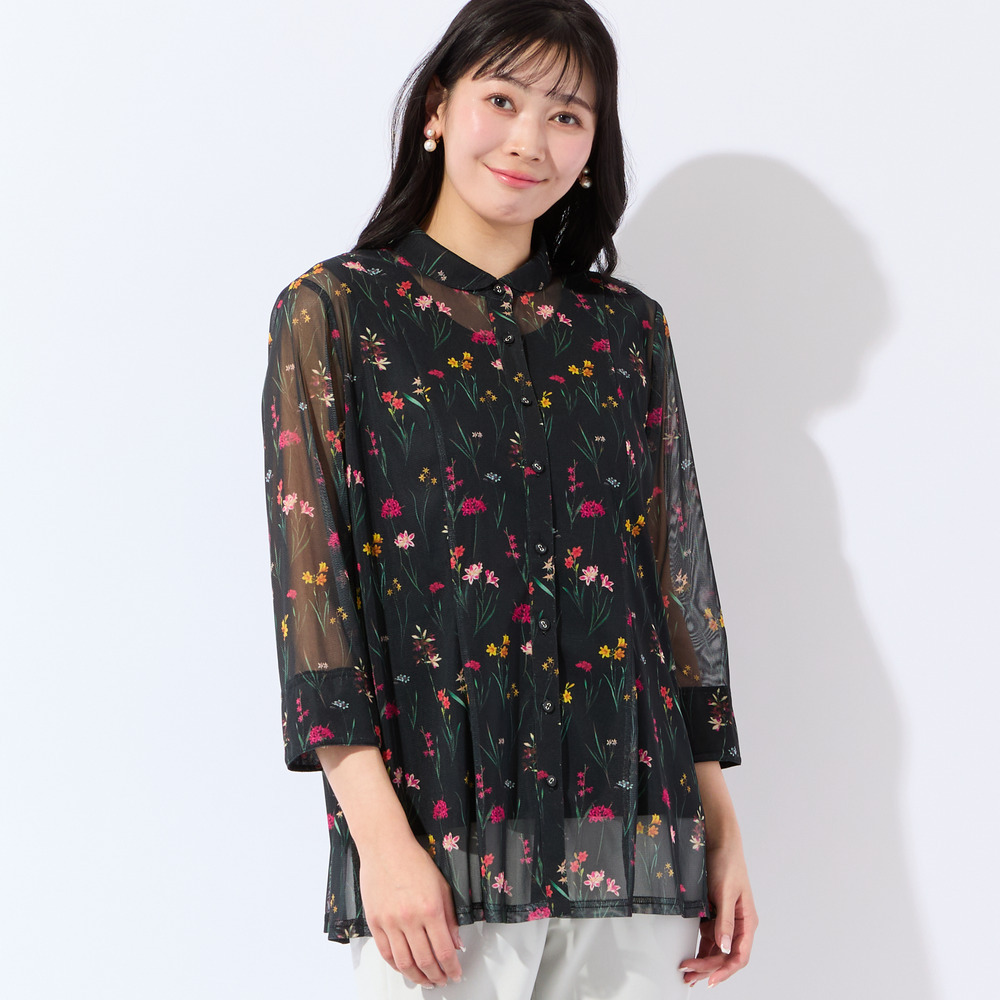 【洗える・アンサンブル可・L~4Lサイズ】ボタニカル柄チュールシャツ7