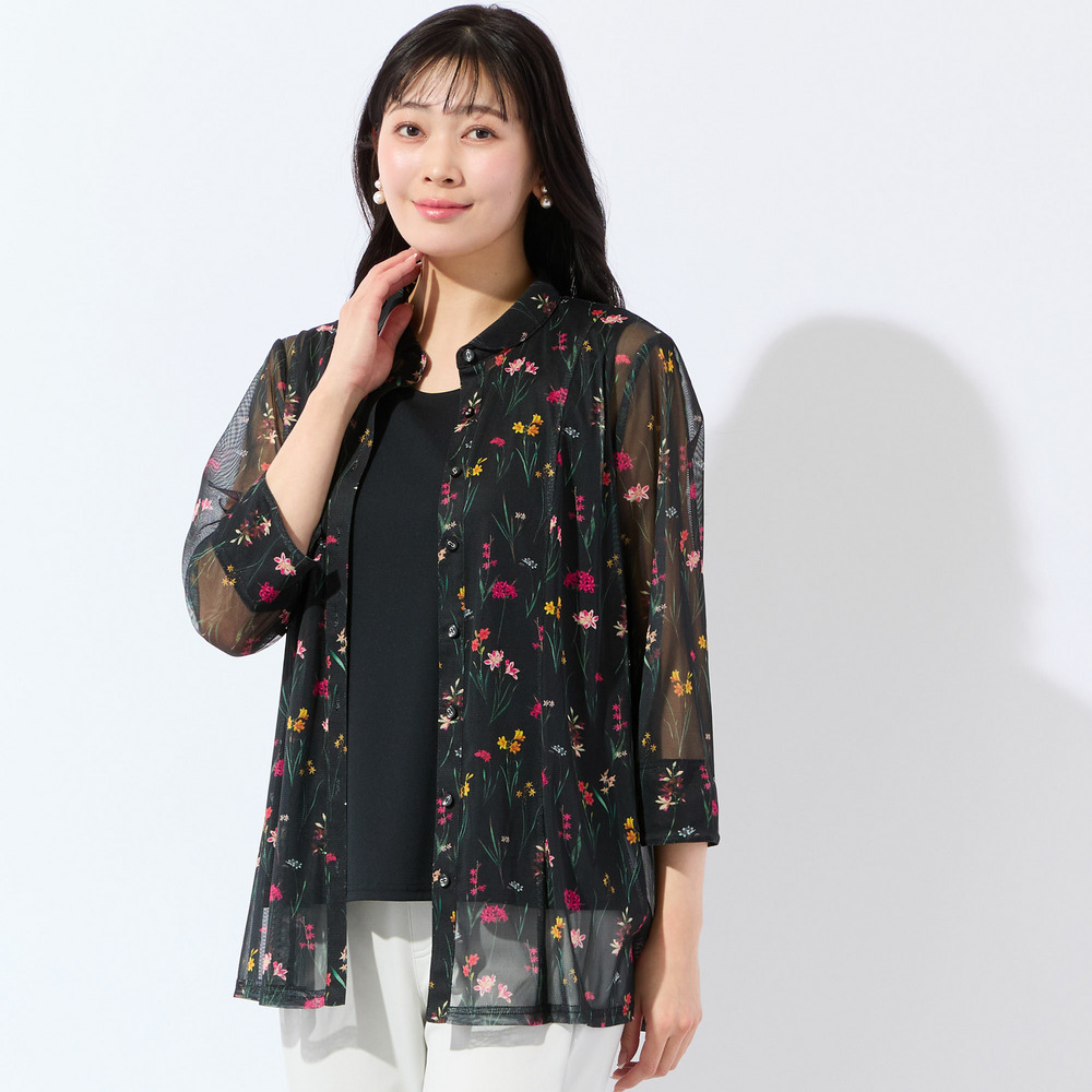 【洗える・アンサンブル可・L~4Lサイズ】ボタニカル柄チュールシャツ8