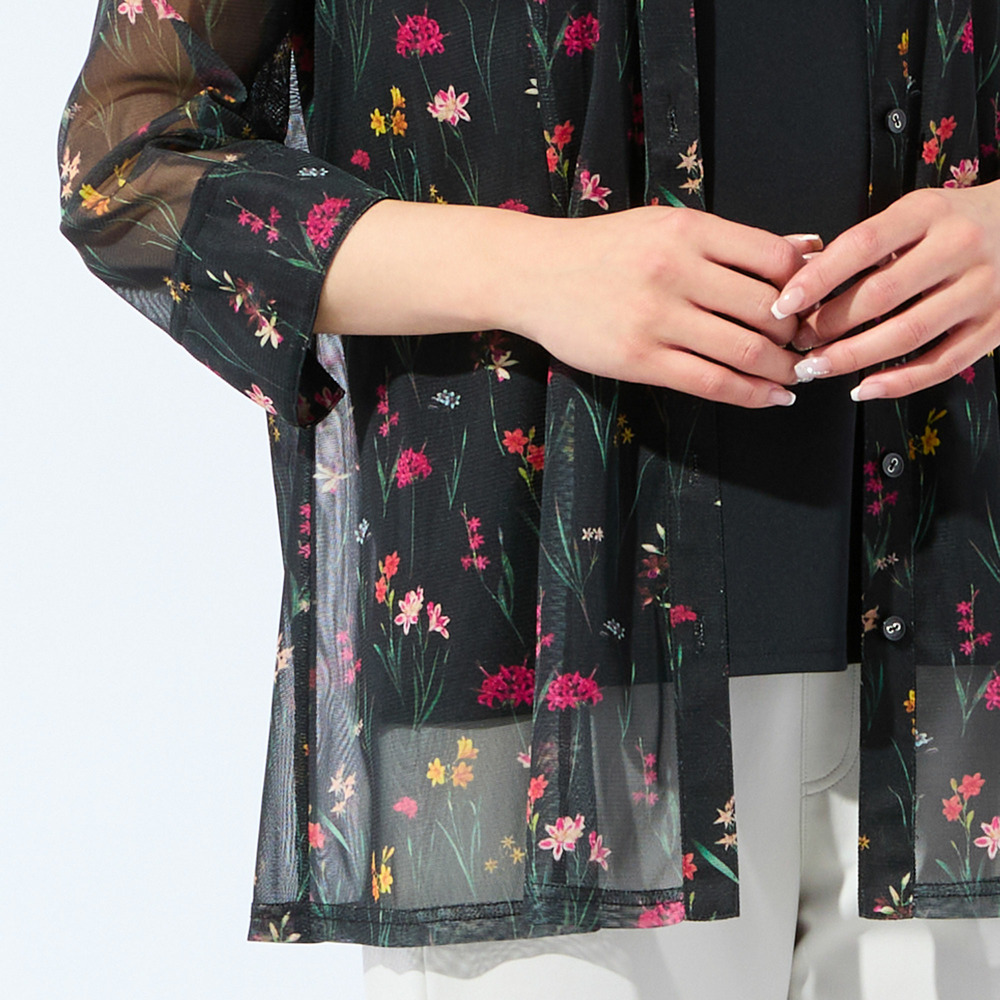 【洗える・アンサンブル可・L~4Lサイズ】ボタニカル柄チュールシャツ9