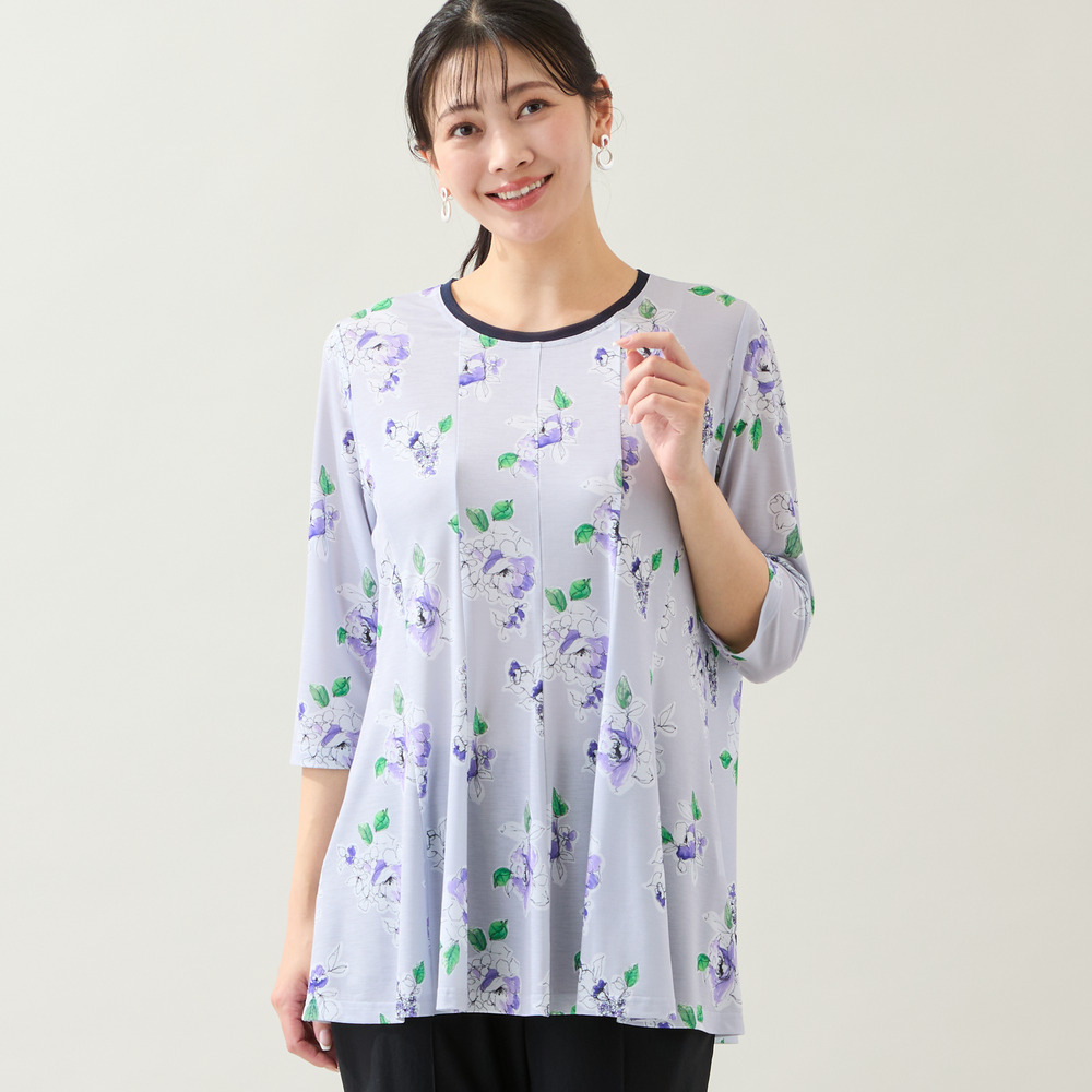 【洗える・日本製・L～4Lサイズ】フラワーフレアチュニック