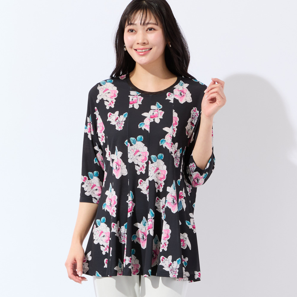 【洗える・日本製・L~4Lサイズ】フラワーフレアチュニック11