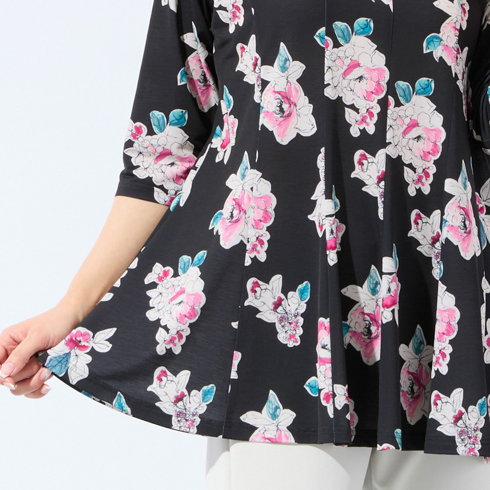 【洗える・日本製・L~4Lサイズ】フラワーフレアチュニック12