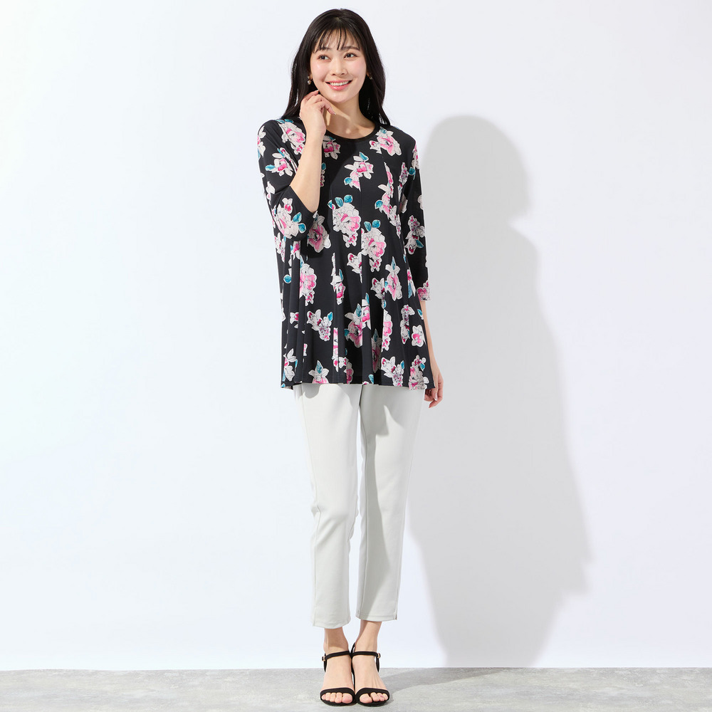 【洗える・日本製・L~4Lサイズ】フラワーフレアチュニック13
