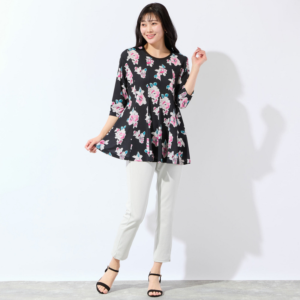 【洗える・日本製・L~4Lサイズ】フラワーフレアチュニック14