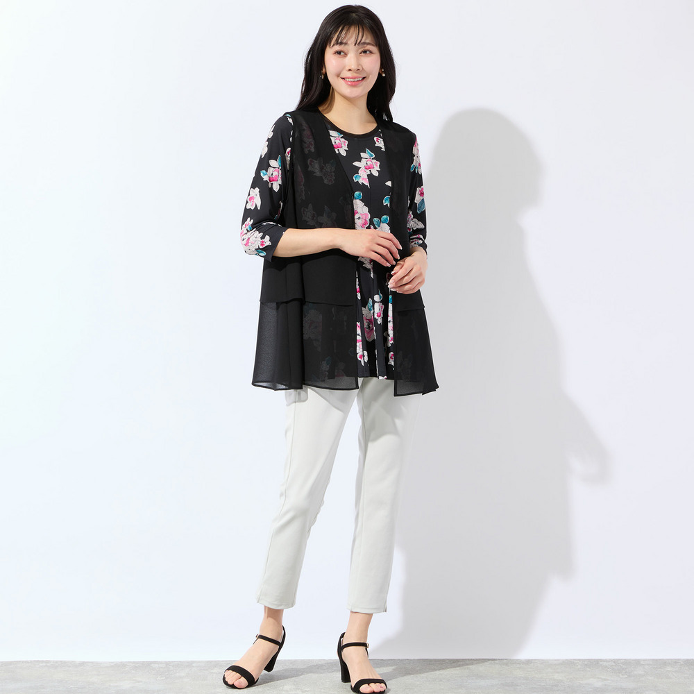 【洗える・日本製・L~4Lサイズ】フラワーフレアチュニック16