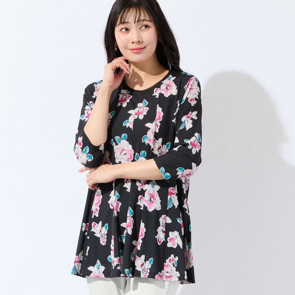 【洗える・日本製・L~4Lサイズ】フラワーフレアチュニック1