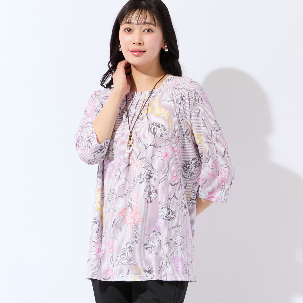 【洗える・日本製】ストライプフラワーチュニック