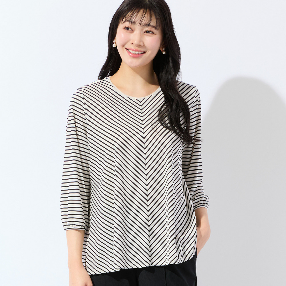 【洗える・接触冷感・L～4Lサイズ】Soalonスムースボーダーカットソー