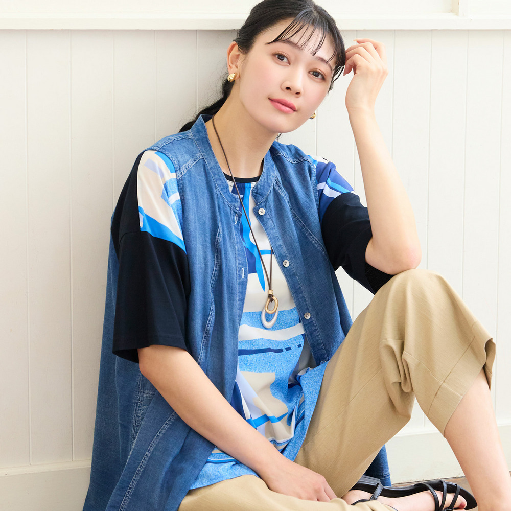 【洗える・L～4Lサイズ】デニムガーゼAラインベスト