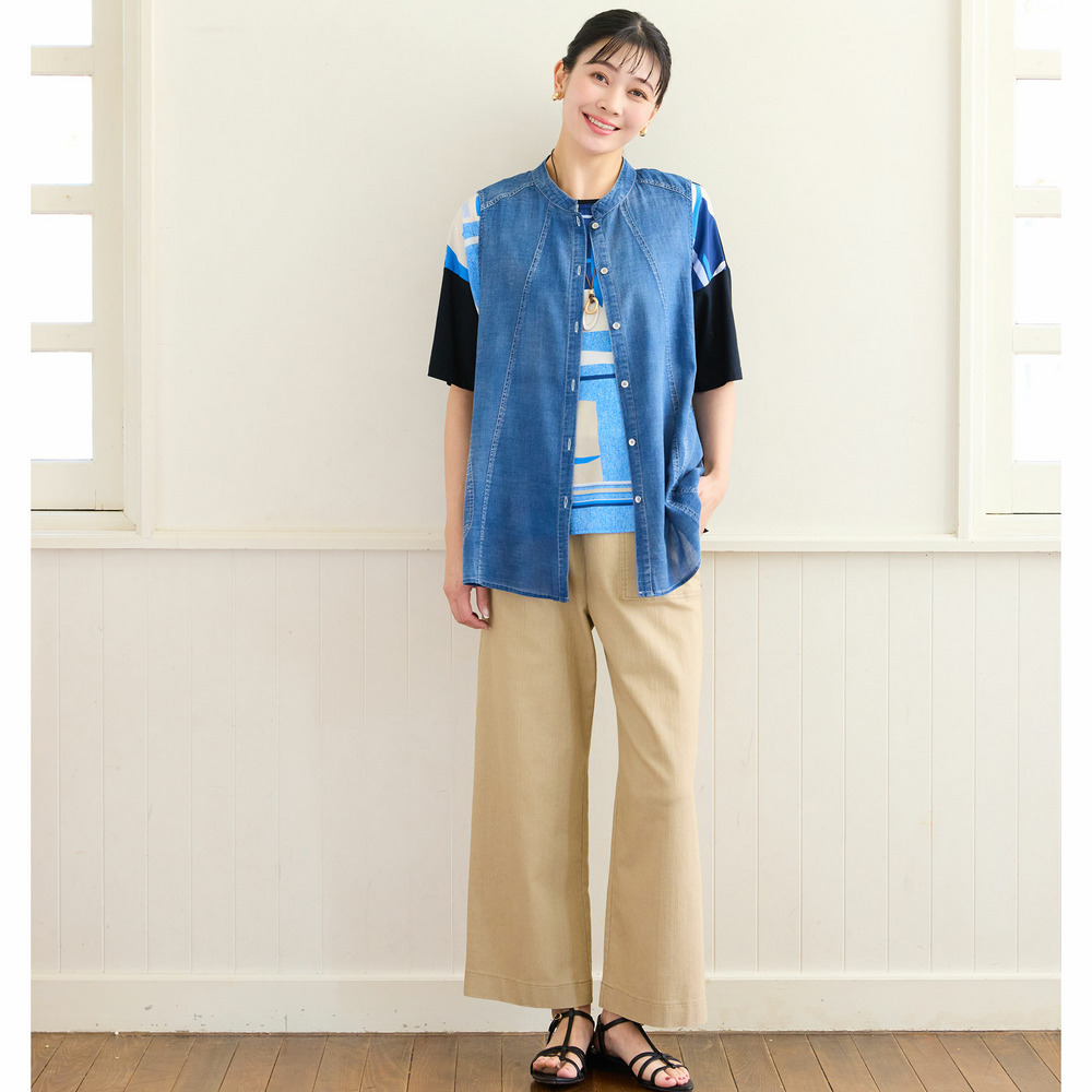 【洗える・L~4Lサイズ】デニムガーゼAラインベスト2