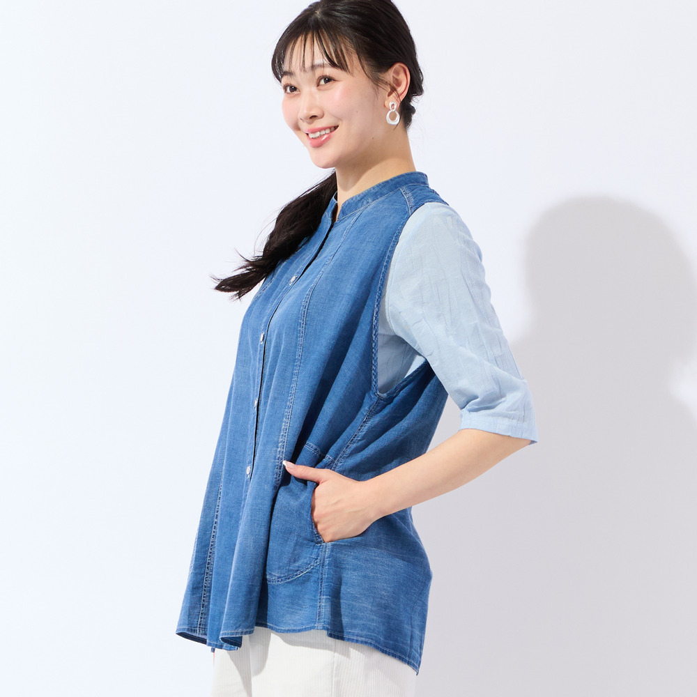 【洗える・L~4Lサイズ】デニムガーゼAラインベスト7